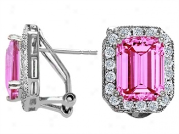 14k White Gold Plated 925 Sterling Silver And Created Emerald Cut Pink Tourmaline Earrings