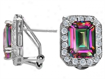 14k White Gold Plated 925 Sterling Silver And Genuine Emerald Cut Mystic Rainbow Topaz Earrings