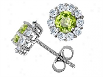 14k White Gold Plated 925 Sterling Silver And Genuine Round Peridot Earrings