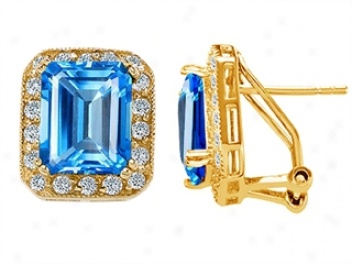 14k Yellow Gold Plated 925 Sterlkng Silver And Genuine Emeald Cut Blue Topaz Earrings