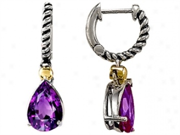 925 Sterlint Silver And 18k Gold  Two Tone Genuine Amethyst Earrings